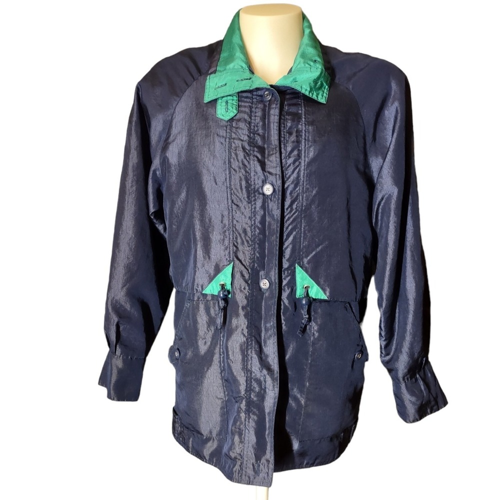Vintage Mariel Windbreaker Jacket Women's SZ Medium Lined Button Up Navy Pockets